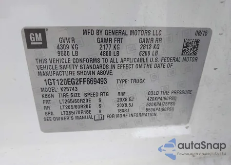 2015 GMC Sierra 2500Hd Denali z USA, uszkodzony, nr VIN 1GT120EG2FF669493